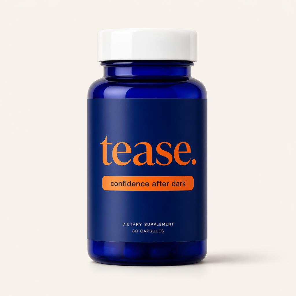 Cobalt blue tease. supplement bottle with a white cap and orange wordmark